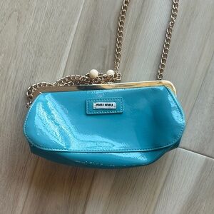 Miu Miu Blue Patent Leather Clutch with Chain
